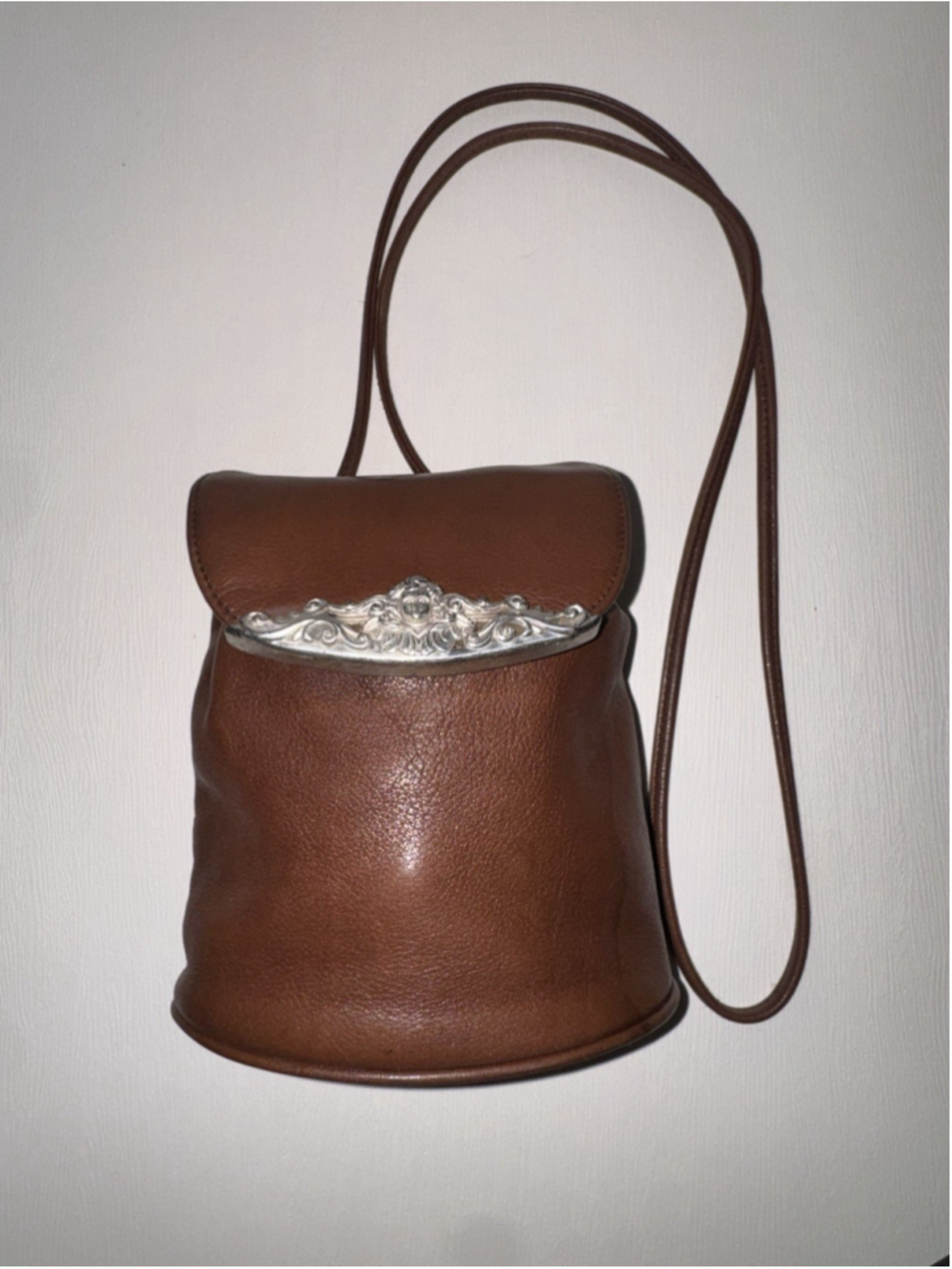 Vintage Brighton Brown Leather Mini Bucket Crossbody Bag Ornate Baroque Cherub
